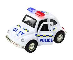 Klasikinis policijos automobilis su garsais ir šviesom, baltas