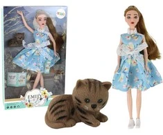 Lėlė Emily su mėlyna suknele ir katinu