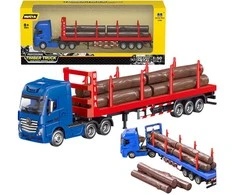Metalinis medienos transportavimo sunkvežimis su rąstais, raudonas