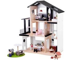Modernus medinis lėlių namas LOFT su baldais