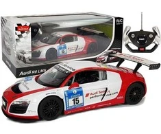 Nuotoliniu būdu valdomas Audi R8 1:14 - automatinės durys, baltai/raudonas