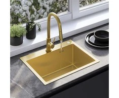 Plieninė virtuvinė plautuvė Rea Liam su maišytuvu, Brushed Gold