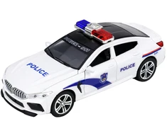 Policijos automobilis su šviesos ir garso efektais, baltas
