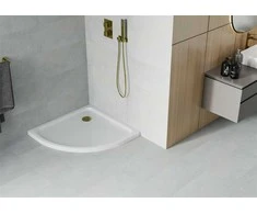 Pusapvalis dušo padėklas Mexen Flat Slim su sifonu, Baltas+Gold, 70 x 70 cm