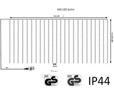 Užuolaida 600 LED 6x3 m su pultu ir dimeriu "Premium Intelligence", šaltai balta