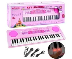 Vaikiškas pianinas su mikrofonu ir šviečiančiais klavišais, rožinis