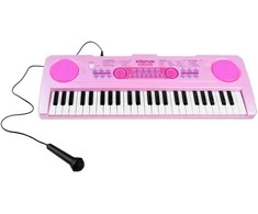 Vaikiškas pianinas su mikrofonu ir šviečiančiais klavišais, rožinis