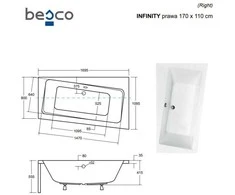 Vonia Besco Infinity, 170 x 110 cm, dešininė, su juoda apdaila
