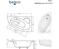 Vonia Besco Natalia Premium, 150 x 100 cm, dešininė, su rankenėlėmis ir pagalvėle