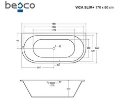 Vonia Besco Vica Slim+, 170 x 80 cm, su baltu sifonu