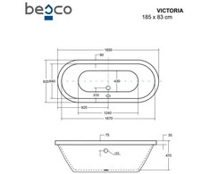 Vonia Besco Victoria, 185 x 83 cm, be apdailos, su sifonu su pripildymu chrome