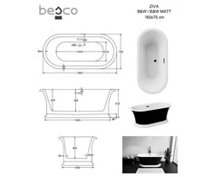 Vonia Besco Ziva Juodas&amp;Baltas Matt, 160 x 75 cm, su sifonu su persipylimu slim baltas