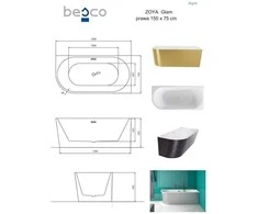 Vonia Besco Zoya Glam Graphite, 150 x 75 cm, dešininė, su grafito spalvos dangteliais