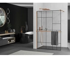 Walk-in dušo sienelė Mexen Kioto+ su lentynėle, Rose Gold/Juodas raštas, 70 x 200 cm