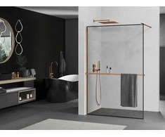 Walk-in dušo sienelė Mexen Kioto+ su lentynėle, Rose Gold/juodas frame, 120 x 200 cm