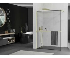 Walk-in dušo sienelė Mexen Kioto+ su lentynėle, Gold/juodas frame, 140 x 200 cm