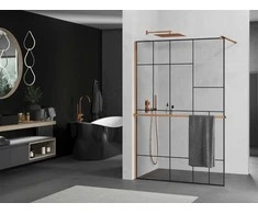 Walk-in dušo sienelė Mexen Kioto+ su lentynėle, Rose Gold/Juodas raštas, 90 x 200 cm
