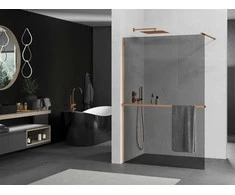 Walk-in dušo sienelė Mexen Kioto+ su lentynėle, Rose Gold/grafito stiklas, 80 x 200 cm