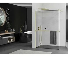 Walk-in dušo sienelė Mexen Kioto+ su lentynėle, Gold/juodas frame, 80 x 200 cm