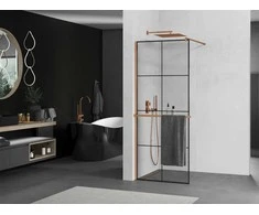 Walk-in dušo sienelė Mexen Kioto+ su lentynėle, Rose Gold/Juodas raštas, 70 x 200 cm