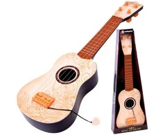 Žaislinė gitara su metalinėmis stygomis ir mediatoriumi, šviesi