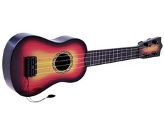 Žaislinė gitara su metalinėmis stygomis ir mediatoriumi, tamsi
