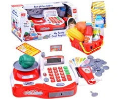 Žaislinė kasa su krepšeliu ir produktais