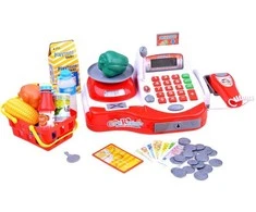 Žaislinė kasa su krepšeliu ir produktais