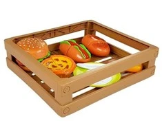 Žaisliniai maisto produktai su lipdukais dėžėje, burgeris