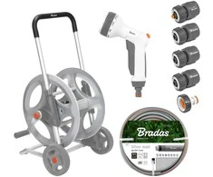 Žarnos vežimėlis su žarna ir priedais Bradas Baltas LINE Sidabrinis PRO SET, 1/2 20m