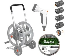 Žarnos vežimėlis su žarna ir priedais Bradas Baltas LINE Sidabrinis PRO SET, 1/2 50m