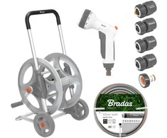 Žarnos vežimėlis su žarna ir priedais Bradas Baltas LINE Sidabrinis PRO SET, 1/2 30m