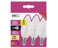 CLASSIC LED lemputė EMOS Lighting E14, 220-240V, 4.2W, 470lm, 2700k, šiltai balta, 30000h, klasikinė žvakė 102x35x35mm-3vnt. pakuotė
