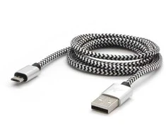 Logotipas USB kabelis (2.0), USB A M - microUSB (M), 2m, 480 Mb/s, 5V/1A, sidabrinė, dėžutė, nailono pynė, aliuminio jungties dangtelis