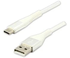 USB kabelio logotipas (2.0), USB A M - USB C (M), 2m, 480 Mb/s, 5V/3A, balta, dėžutė, nailono pynė, aliuminio jungties dangtelis