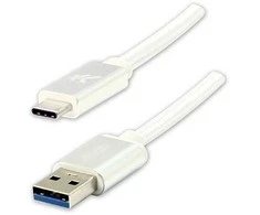 USB kabelio logotipas (3.2 gen 1), USB A M - USB C (M), 2m, 5 Gb/s, 5V/3A, balta, dėžutė, nailono pynė, aliuminio jungties dangtelis