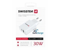 SWISSTEN maitinimo šaltinis / tinklo adapteris 30 W, 2 prievadų, USB-C, USB-A, greitas įkrovimas GaN