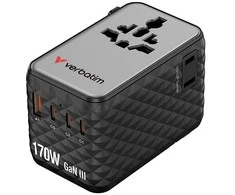 „Verbatim“, „Charge n Travel“ adapteris, „Travel GaN III“ 2x USB-C, 2x USB-A + 1x integruotas USB-C laidas, juodas, 170 W