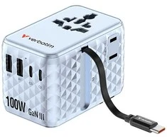 Verbatim, Adapteris kelioninis Charge ,n, Travel GaN III 2x USB-C, 2X USB-A + 1x zintegrowany kabelis USB-C, mėlyna, 100 W