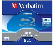 Verbatim BD-R, Datalife, 25GB, jewel box, 43836, 6x, 5-pack
