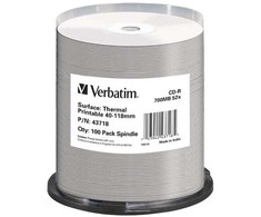 Verbatim CD-R, 43718, Thermal Printable - No ID Brand, 100-pack, 700MB, 52x, 80min., 12cm, spindle, do archiwizacji danych