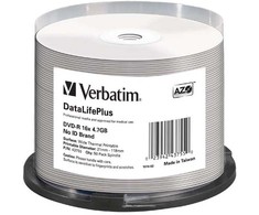 Verbatim DVD-R, DataLifePlus Wide Thermal Printable - No ID Brand, 43755, 4.7GB, 16x, spindle, 50-pack, 12cm, do archiwizacji dany