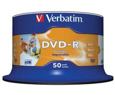 Verbatim DVD-R, Wide Inkjet Printable No ID Brand, 43533, 4.7GB, 16x, spindle, 50-pack, 12cm, do archiwizacji danych