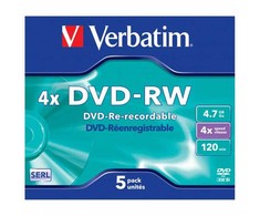 Verbatim DVD-RW, Matt Sidabrinis, 43285, 4.7GB, 4x, jewel box, 5-pack, bez możliwości nadruku, 12cm, do archiwizacji danych