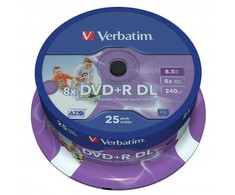 „Verbatim“ DVD+R DL, dvisluoksnis, platus rašalinis spausdinimas, 43667, 8,5 GB, 8x, ašis, 25 vnt. pakuotė, 12 cm, duomenų archyvavimui