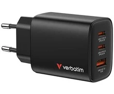 Verbatim Essentials, Įkroviklis jungiama į tinklą GaN USB-A QC 3.0, 2 USB-C PD 3.0, juoda, 65W, wtyczki EU/UK/US/AUS