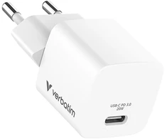 Verbatim, Įkroviklis Mini GaN 1 x USB-C, balta, 20 W, do użytku w pomieszczeniach