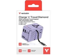 Verbatim kelioninis įkroviklis EU/UK/US GaN 2xUSB-C/2xUSB-A/1xUSB-C PD 100W violetinės spalvos 30193