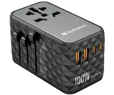 WORLD „Verbatim“, pasaulinis kelioninis adapteris UTA-06 GaN III 2x USB-C PD, QC 4+, 2x USB-A QC 3.0, juodas, 100 W