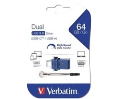 Verbatim USB flash disk OTG, USB 3.0, 64GB, Dual, mėlyna, 49967, USB A / USB C, su oczkiem na Pakabutis